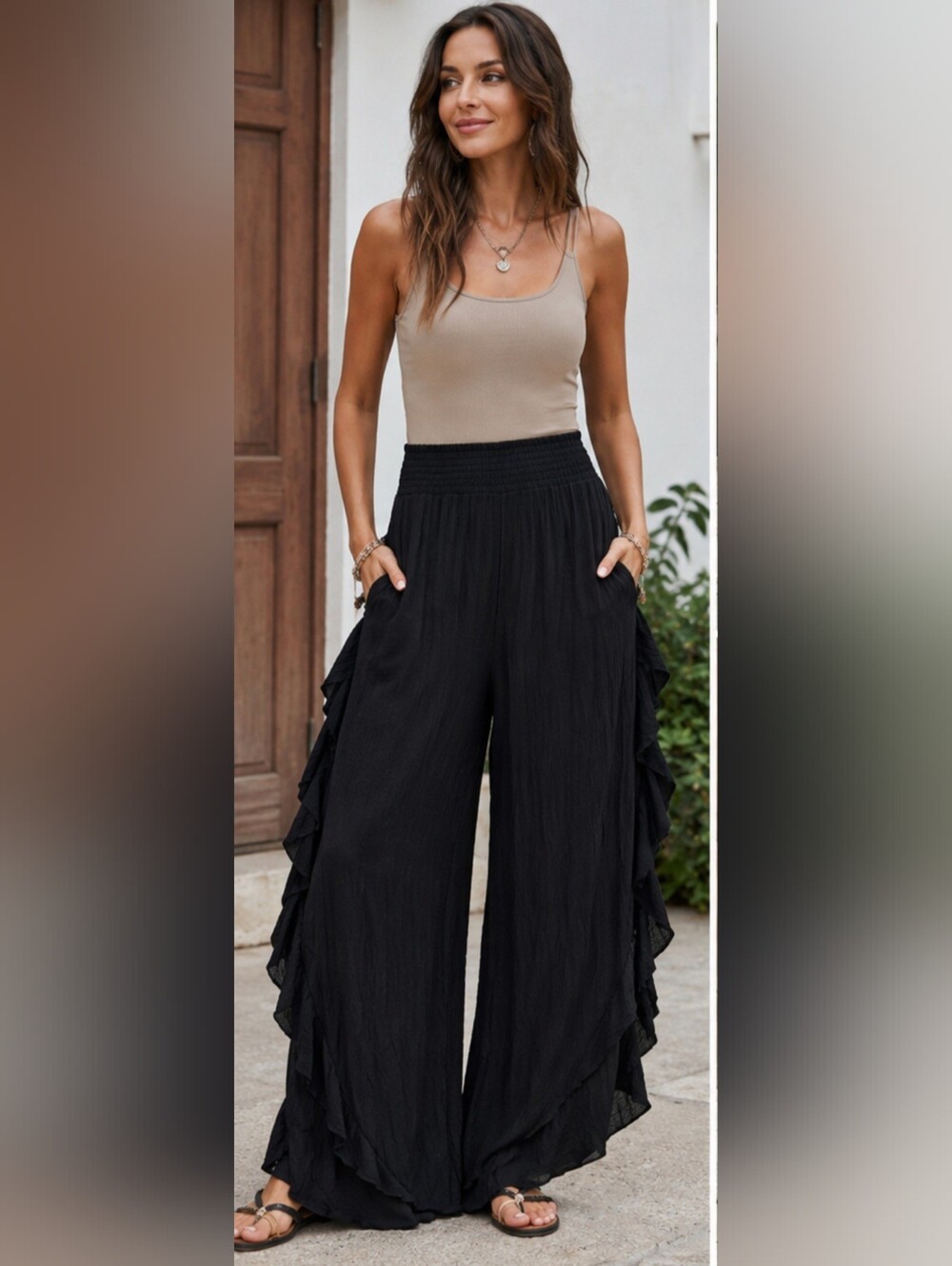 Beau Dawson Black Crinkle Wide Leg Ruffle Pants XL NWT Boho Palazzo Resort Rayon